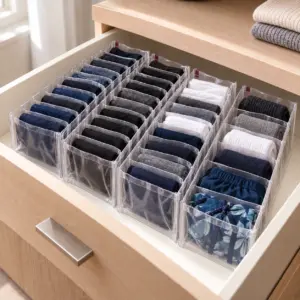 Gaveta com as quatro colmeias do Kit Gaveta Íntima Masculina invisível: três PP com cuecas boxer e uma B com meias e sungas