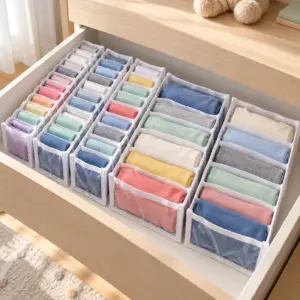 Gaveta com as cinco colmeias do Kit Infantil com viés, com roupas de criança