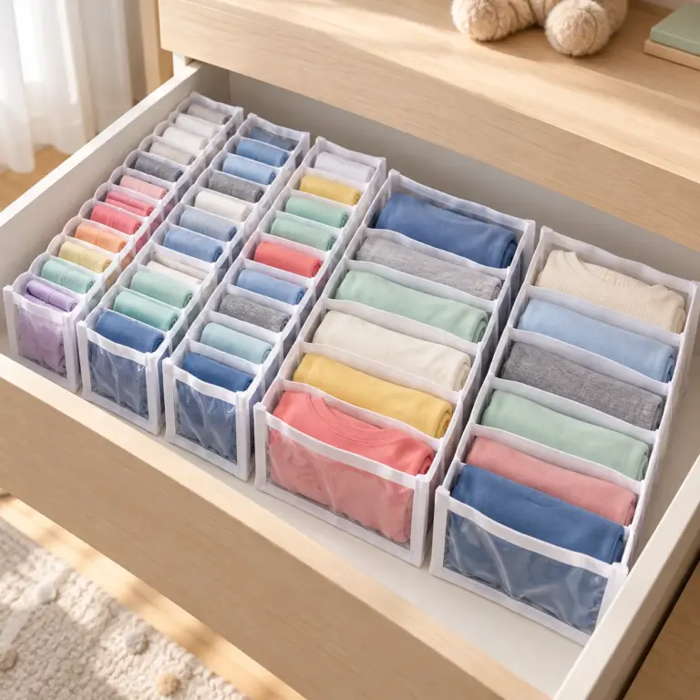 Gaveta com as cinco colmeias do Kit Infantil com viés, com roupas de criança