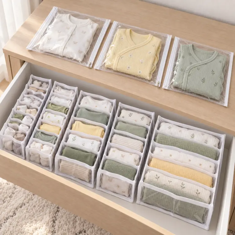 Cômoda com as cinco colmeias e os três envelopes com zíper do Kit Maternidade com viés, com roupas de bebê